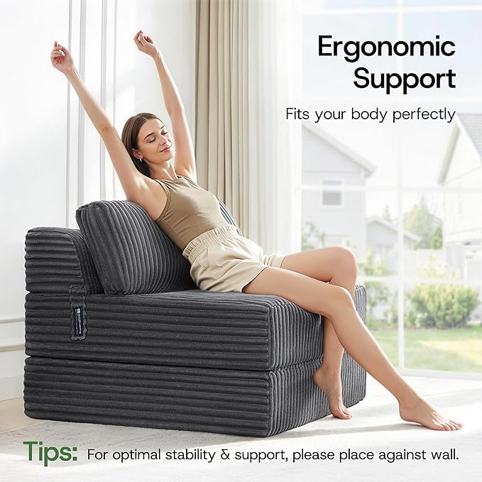 4-in-1 Folding Sofa Bed Convertible Chair Couch Foldable Chaise Lounger & Mattress Pocket Coils+Foam Fill, Portable No Assembly Boneless Sofa Floor Futon for Living Room/Bedroom, Twin