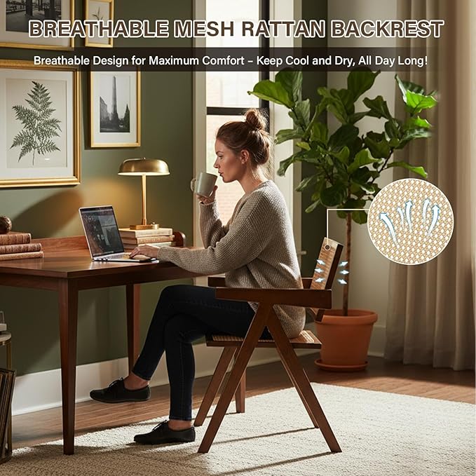 Rattan Accent Chairs, Modern Mid Century Dining Chairs Set of 2, Comfy Armchairs, Outdoor Rattan Chairs with Armrest for Bedroom Living Room Reading Room Dining Kitchen, Brown