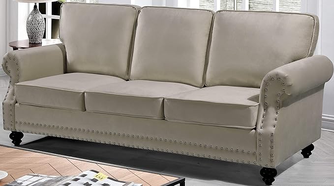 Container Furniture Direct Lotus Mid Century Modern Velvet Upholstered Living Room Rolled Arms, Sofa, Beige