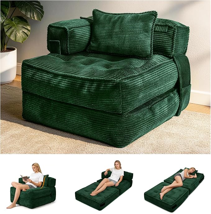 Folding Sofa Bed Chair with Armrests, Convertible Futon Couch Sleeper Chair for Adults, Fold Out Boneless Chair Bed, Foldable Sofa Lounge for Small Spaces, with Pillow, Green
