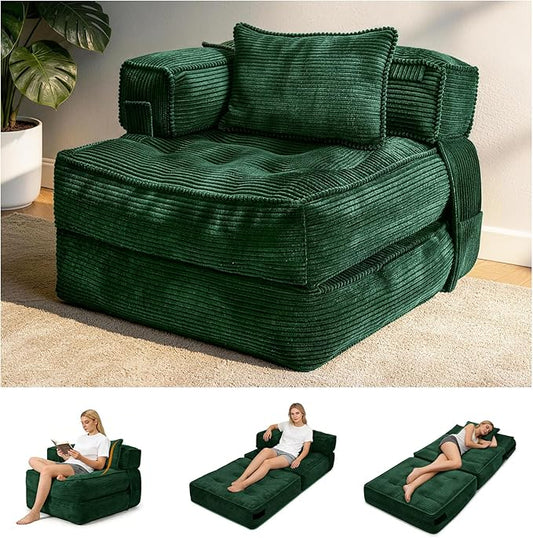 Folding Sofa Bed Chair with Armrests, Convertible Futon Couch Sleeper Chair for Adults, Fold Out Boneless Chair Bed, Foldable Sofa Lounge for Small Spaces, with Pillow, Green