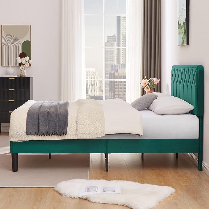 VECELO Full Size Bed Frame Premium Velvet Upholstered Platform with Height Adjustable Headboard/Mattress Foundation, Solid Wooden Slat Support, No Box Spring Needed/Easy Assembly