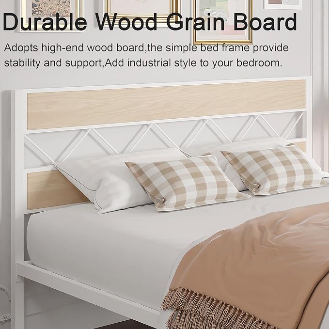 VECELO Queen Size Bed Frame with Headboard, Heavy-Duty Platform Bedframe with Metal Slats Support, No Box Spring Needed, Easy Assembly, White & Natural