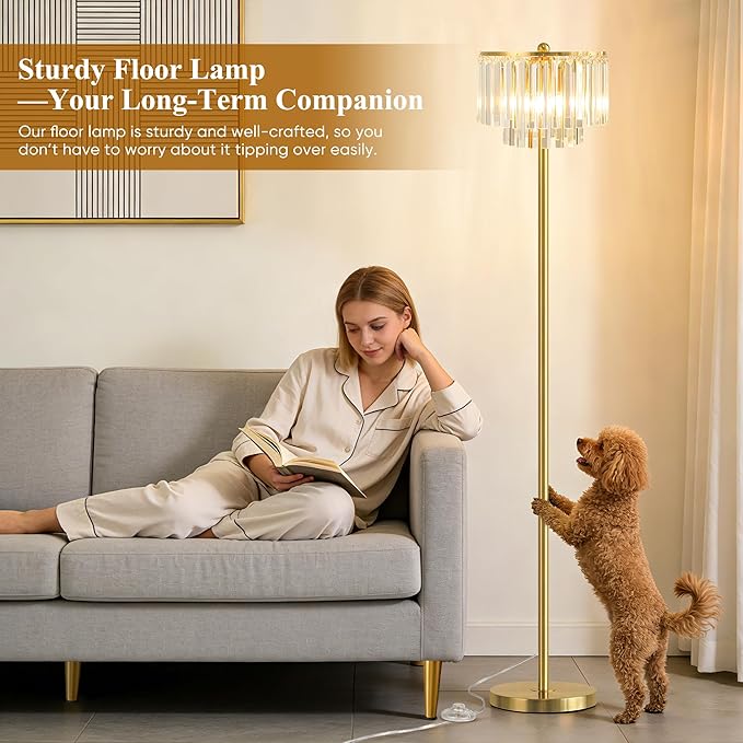 QiMH Floor Lamps for Living Room, Gold Floor Lamp with On/Off Foot Switch, Standing Lamp with Double Layer Crystal Bars Lampshade, 63" Tall Floor Lamps for Bedroom Corner Office(3 Bulbs Included)
