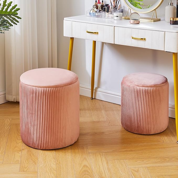 IBUYKE Round Ottoman with Storage Set of 2 Boucle Ottoman End Table for Living Room Vanity Stool Velvet Footrest Stool Bar Stool Pink UWBD005P