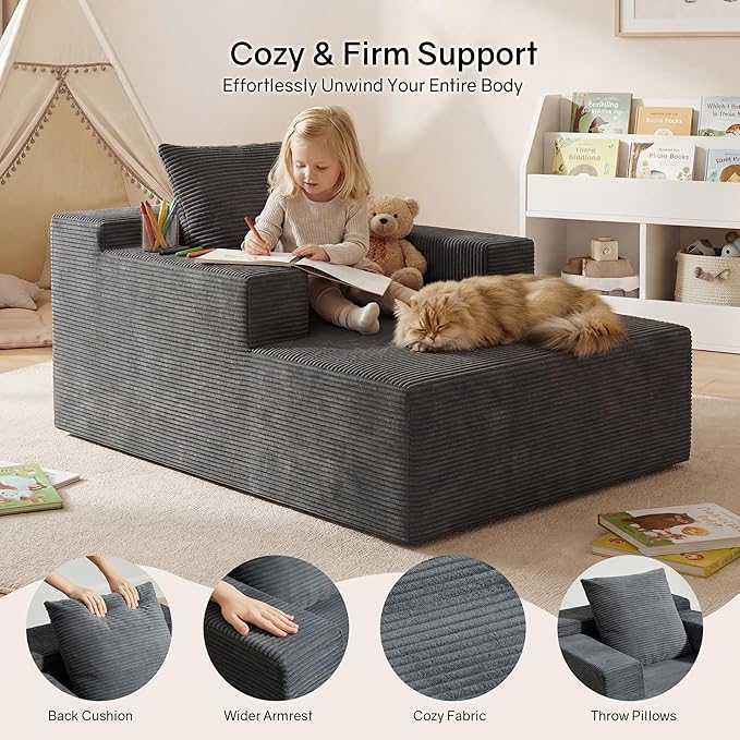 GRUSIGN 45'' Chaise Lounge Chair Indoor, Corduroy Boneless Sofa Bed, Deep Seat Sleeper Couch Reading Chairs for Bedroom Living Room, Movie Room | No-Assembly, Pet-friendly Fabric