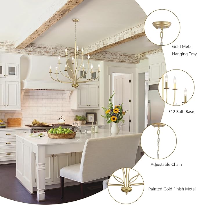 Gold Chandelier 12 Light, Large Painted Gold Light Fixture Modern Suspended Farmhouse Dining Table Candle Brass Chandelier Lighting for Bedroom Hallway Entryway Living Room Kitchen 34in Chandeliers