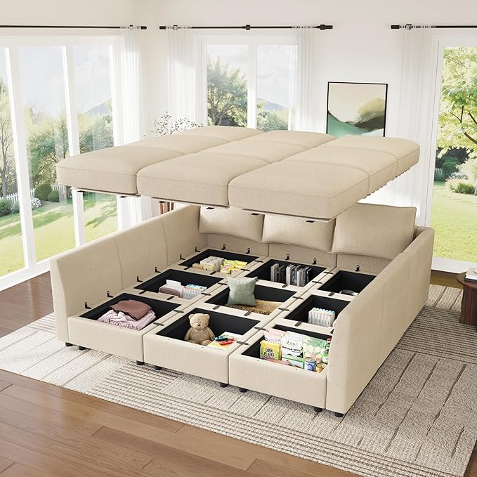 HONBAY Modular Sectional Sleeper Sofa with Storage, Modular Convertible Sectional Couch Bed Module Sleeper Couches for Living Room - Beige
