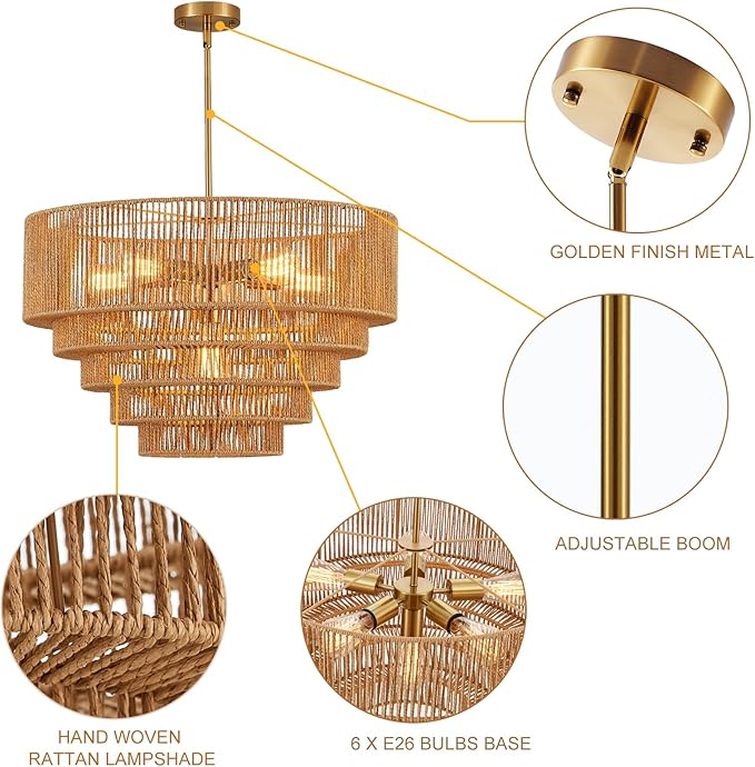 25.6" Boho Rattan Chandelier Light Fixture 6-Light Hand-Woven Bamboo Vintage Farmhouse Chandelier Drum Wicker Golden Chandeliers for Dining Room, Living Room, Kitchen Island, Bedroom, Foyer