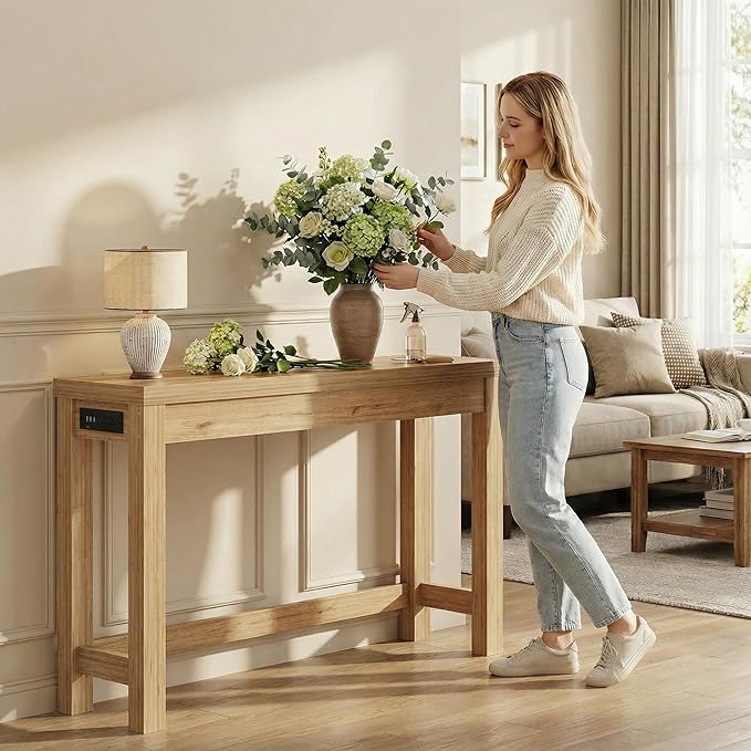 Cyclysio 47" Console Tables for Entryway, Narrow Console Tables for Living Room, Behind Couch Table, Sturdy Wood Support Hallway Table with 3AC+2USB Charging‌ Station, Natural Oak