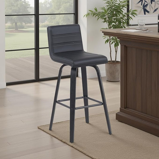 Vienna Modern Swivel Bar Height Stool with Black Faux Leather Seat and Black Brushed Wood Frame Set of 2