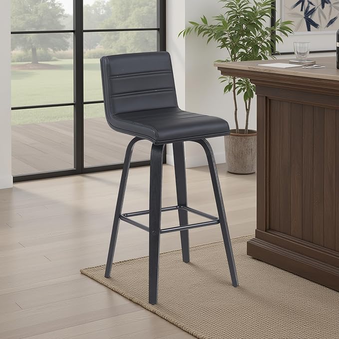 Vienna Modern Swivel Bar Height Stool with Black Faux Leather Seat and Black Brushed Wood Frame Set of 3