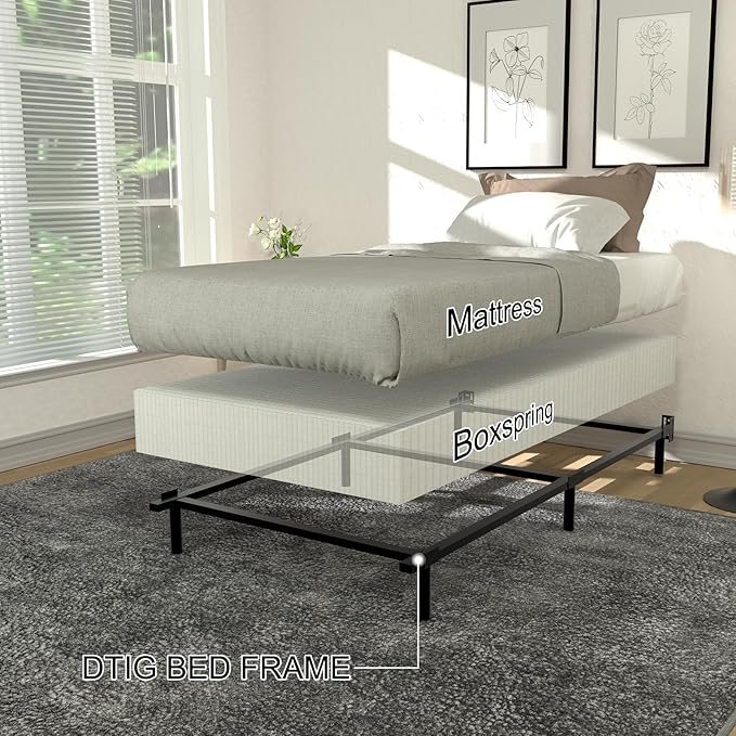 DTIG Twin XL Bed Frame 7 Inch Metal Bed Frame for Box Spring and Mattress, Tool-Free Heavy Duty Bedframe Easy Assembly Box Spring Base Black