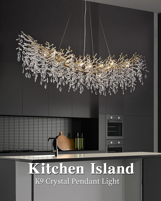Modern Crystal Chandelier for Dining Room, 16-Light 55.12" Gold Tree Branch Chandeliers, Luxury K9 Crystal Rectangular Chandeliers for Kitchen Island Living Room