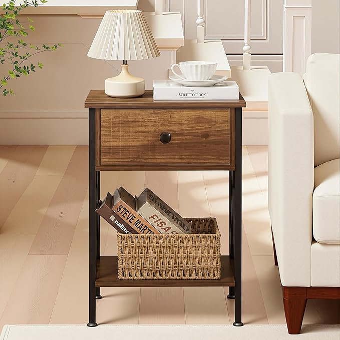 VECELO Night Stand with Drawer, 2 Tiers Storage Shelves End Table, Small Side Table for Small Spaces,Night Stand for Living Room, Bedroom,Brown