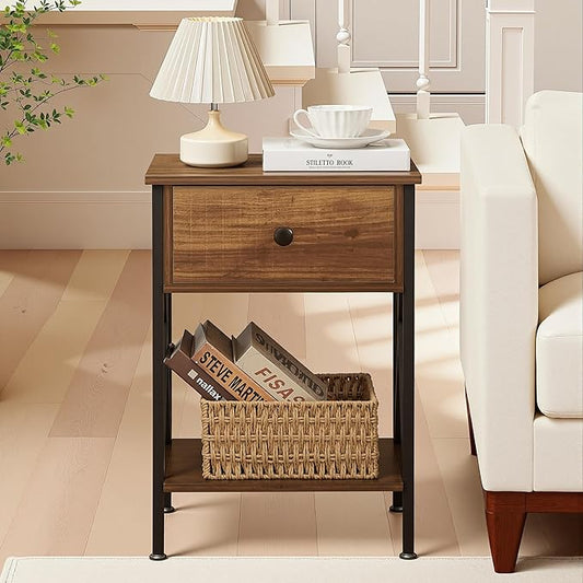 VECELO Night Stand with Drawer, 2 Tiers Storage Shelves End Table, Small Side Table for Small Spaces,Night Stand for Living Room, Bedroom,Brown