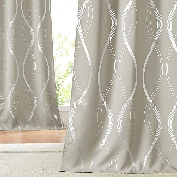 NICETOWN Room Darkening Curtains for Bedroom, Natural, 2 Panels, 52 x 84 inch, Noise Reducing Thermal Insulated Wave Line Foil Print Design Blackout Curtains for Storage Office Work Area