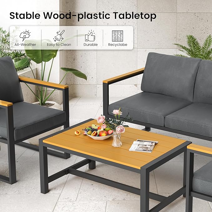 4 Pieces All-Weather Patio Conversation Set, Modern Patio Furniture, Metal Balcony Furniture with Coffee Table, Thick Cushion for Outdoor Porch, Gray