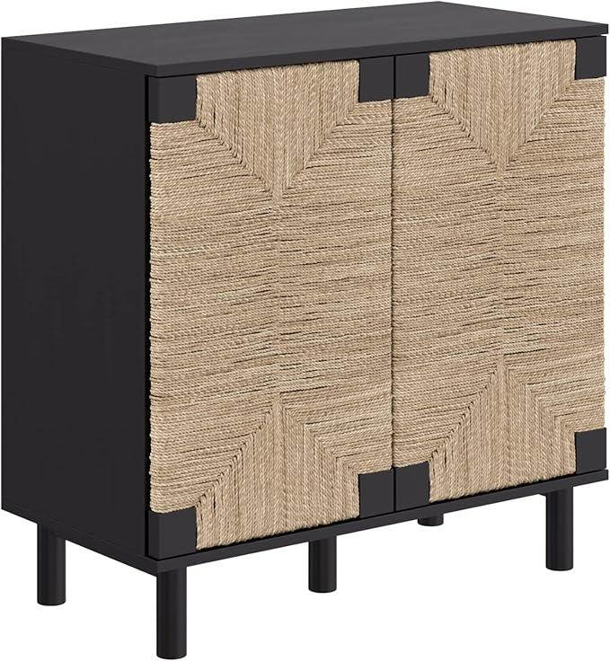 Nathan James Beacon Accent Natural Sideboard Storage Cabinet TV Stand in Wire-Brushed Wood with Adjustable Interior Shelf and Seagrass Doors, for Hallway, Entryway or Dining Room, Black, Set of 4