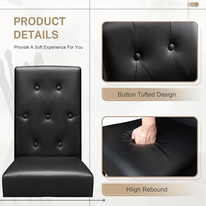 Furmax Upholstered Dining Chairs Set of 4, PU Leather Dinning Room Chairs, Button Tufted Kitchen Chairs with Adjustable Wood Legs for Dining Room/Living Room/Restaurant (Leather Black, 4)