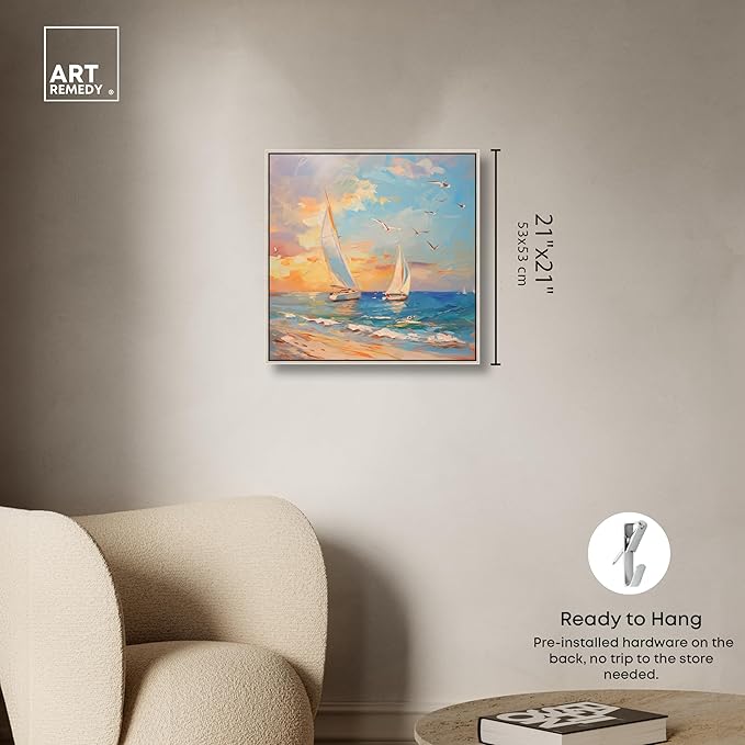 Art Remedy Sailboats In The Sunset Chic Coastal Canvas Wall Art, Silver Floater Frame, 20"x20"