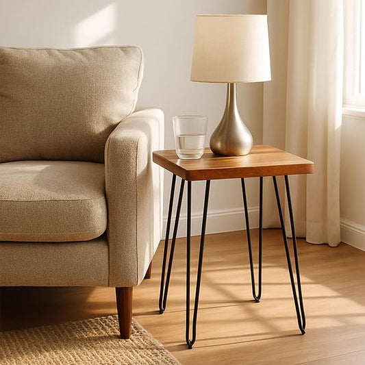 Alaterre Furniture Live Edge Wood End Table with Hairpin Metal Legs – Mid Century Modern Living Room Table with Acacia Wood Top (20 Inch)
