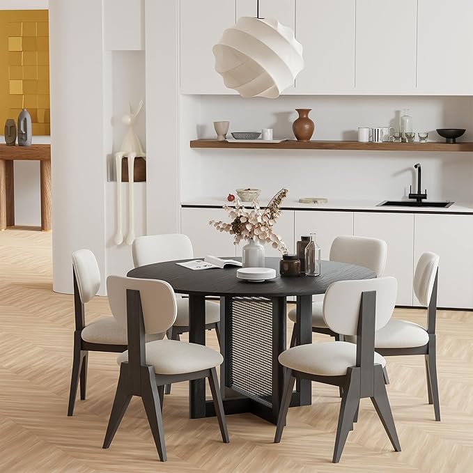 Casaphoria 52" Dining Table, Wicker Base Modern Kitchen Table for 4-6, Farmhouse Style with Round Top & Wicker Base, Easy Assembly for Living Room, Kitchen, Black