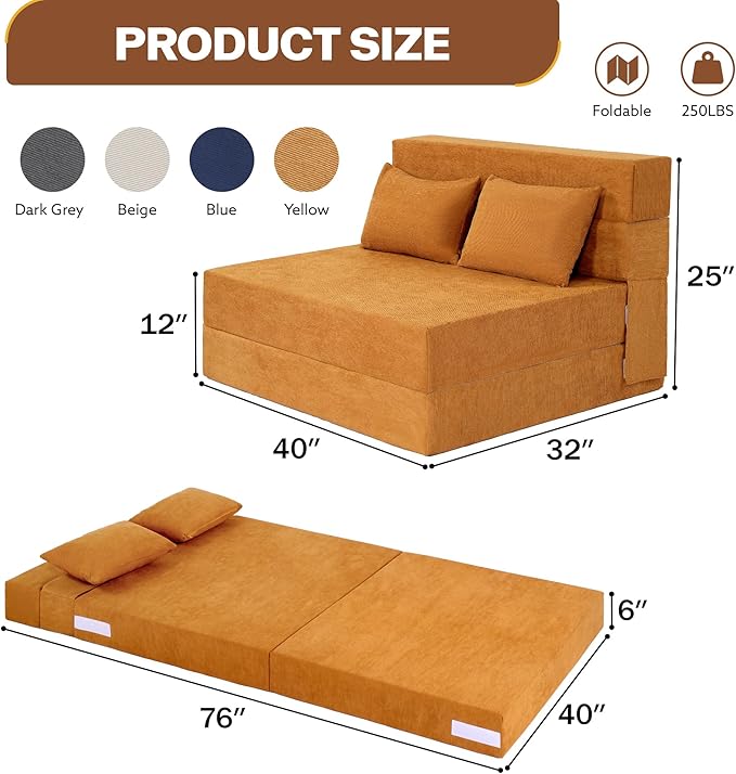 Fvkind Folding Sofa Bed, 4 in 1 Convertible Sleeper Sofa Bed Chair with Pillow, Twin Memory Foam Loveseat Futon Sleeper Chair, Foldable Futon Couch for Living Room, Bedroom, Guest Room, Yellow