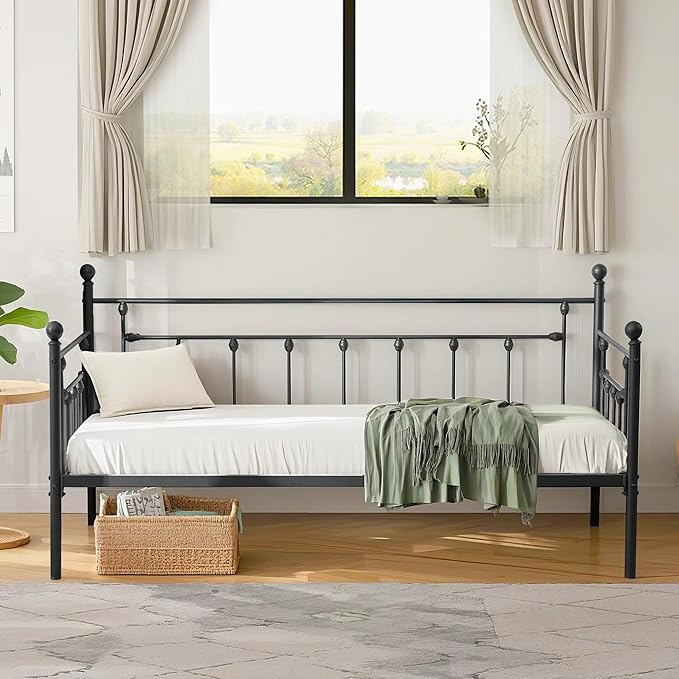 VECELO Daybed Frame, Twin Size Metal Platform Bed with Headboard,Heavy Duty Steel Slats Support for Living Room Bedroom Guest Room, Easy Assembly
