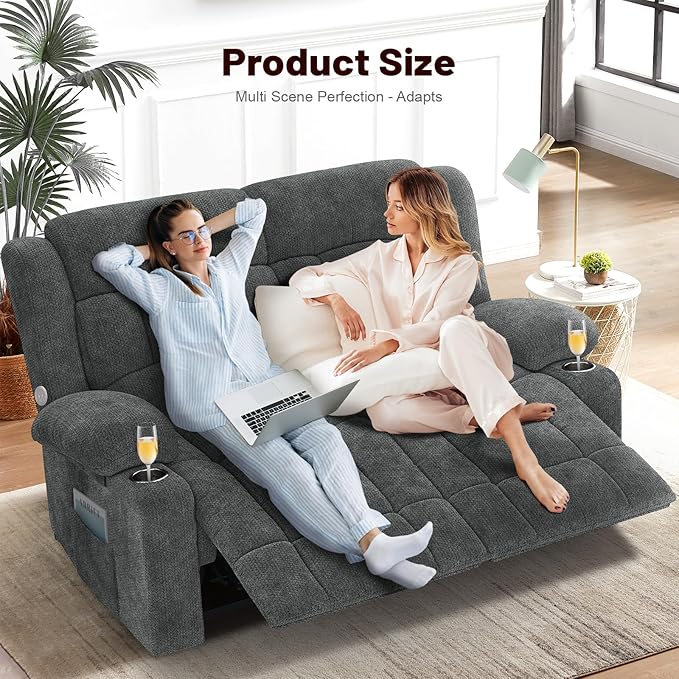 Loveseat Recliner Sofa, 2 Seater Minimalist Style Fabric Manual Pull Tab Reclining Loveseat with USB Charge Ports, Cup Holders, Recliner Love Seat Couches for Living Room, RV, Gray