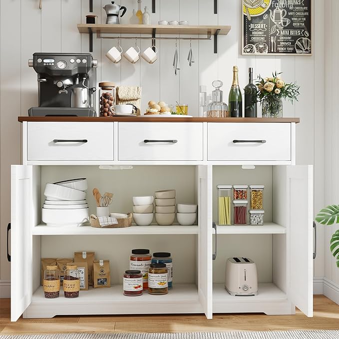 Modern Farmhouse Sideboard, White Wooden Buffet Cabinet with 3 Drawers & Adjustable Shelves for Kitchen, Living Room, Entryway, Coffee Bar