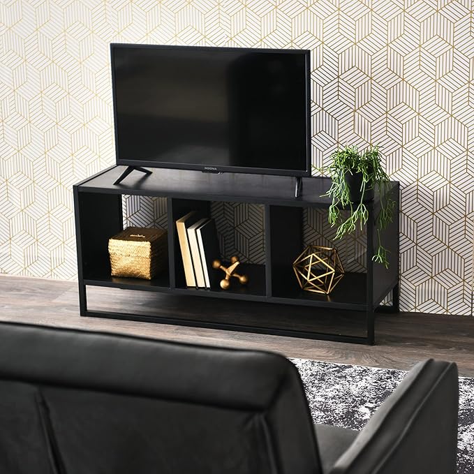 Household Essentials Jamestown TV Stand Coffee Table with Square Cube Storage Compartments Black Oak Wood Grain and Black Metal