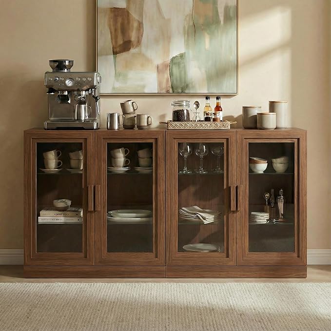 Casaphoria Adam Sideboard Buffet Cabinet with Storage, Display Cabinet with Glass Doors & Adjustable Shelves, 62" W x 31" H Buffet Cabinet for Entryway Kitchen Living Room, Walnut