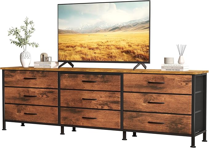 DUMOS TV Stands for Living Room Furniture with 9 Fabric Drawers, Long Entertainment Center Up to 75 Inch TV, Media Console Table with Storage for Bedroom, Adjustable Feet, Rust.