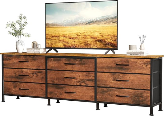 DUMOS TV Stands for Living Room Furniture with 9 Fabric Drawers, Long Entertainment Center Up to 75 Inch TV, Media Console Table with Storage for Bedroom, Adjustable Feet, Rust.