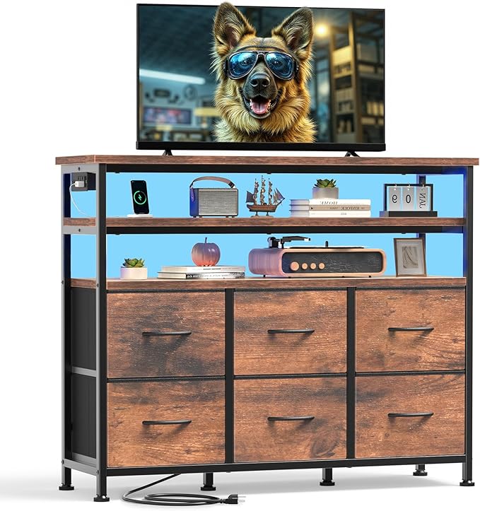 DUMOS TV Stand for Up to 45 inch TV, Wood Top TV Media Console Table with 6 Fabric Drawers, 2 Shelves, Entertainment Center with LED Lights & Charging Station for Living Room, Hallway, Brown