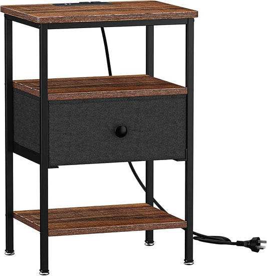 VECELO Night Stand with Charging Station, End Tables with Open Storage Shelf, Bed Side Tables with Fabric Drawers for Bedroom,Living Room,Rustic Brown