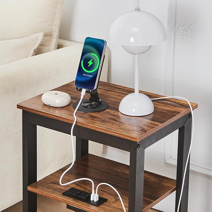 VECELO End Table with Charging Station and USB Ports, Small Wood Nightstand Modern Style, 24" Tall Living Room Side Table with 3-Tier Storage Shelves for Small Spaces, Office, Bedroom, Retro Brown