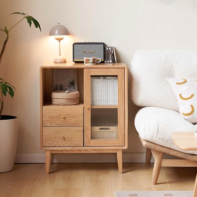 100% Solid Wood Storage Cabinet with Glass Doors and Drawers, Buffet Cabinet with Drawers, for Living Room, Reading Room, Kitchen (15.74" D x 31.49" W x 31.49" H, Natural)