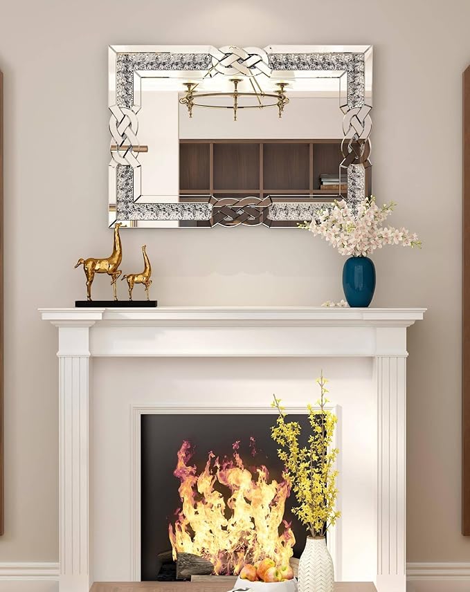 Crushed Diamond Mirror Silver Vanity Rectangular Wall Decor 36x24 inch