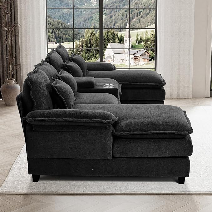 133" Oversized U Shaped Cloud Couch Modular Sectional Couches for Living Room Comfy Chenille Deep Seat Sofa Set with Double Chaise Lounge, Storage Central Console, Cup Holders, USB Port, Black