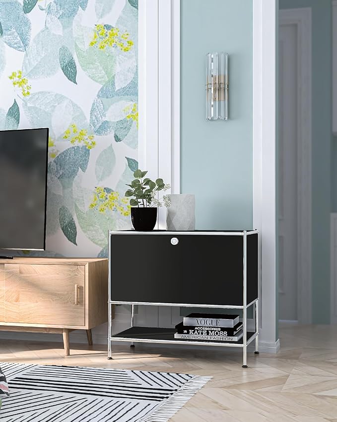Metal Sidetable with Flap Door, 27.5" Height - DIY Modern Furnishing for Home, Office, Foyer, Bedroom - Night Stand, Book Shelf, Bookshelf, Cube Storage Organizer, Bedside Table (Black)