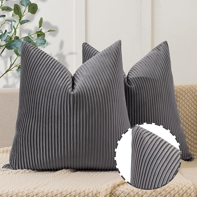 YCOLL Gray Pillow Covers 16x16 Set of 2 Velvet Striped Pattern - Soft Throw Pillows for Home Decor, Luxury Decorative Pillow Covers for Couch, Bed,Living Room