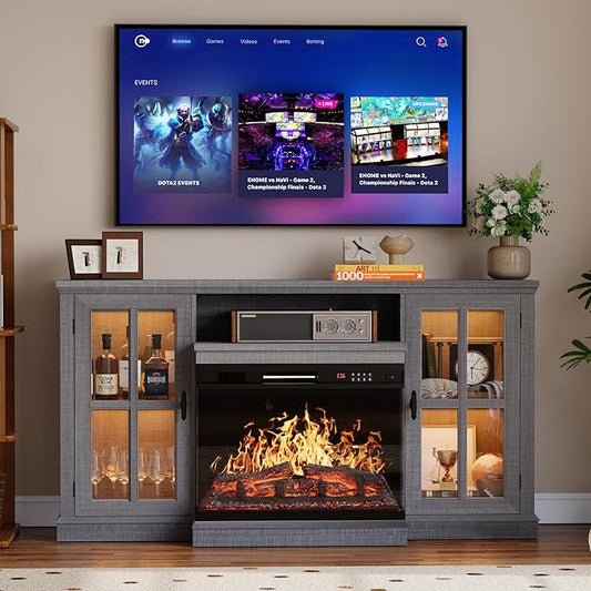YESHOMY Glass Fireplace TV Stand for Televisions up to 65", Media Entertainment Center Console Table with Led Lights, Light Grey
