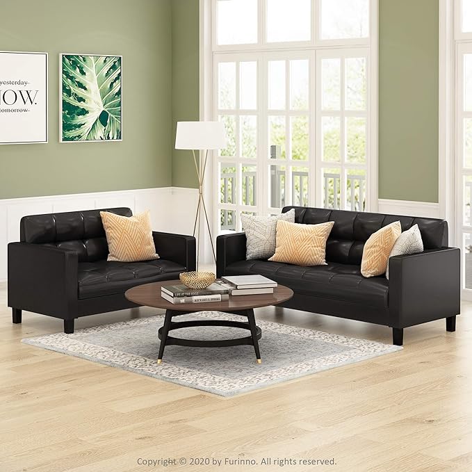 Furinno Brive Contemporary Tufted Faux Leather Loveseat/Sofa Couch for Living Room, Black Faux Leather