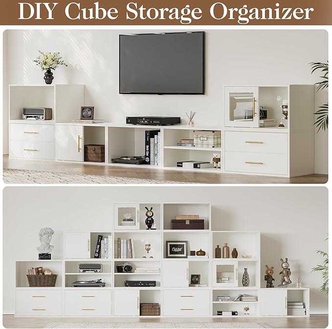 6 Cube Storage Organizer, Stackable Cubby Storage Organizer, Open Shelf Bookcase with Sliding Door, White Wood Bookshelves for Living Room, Bedroom and Apartment, Wall Mounted
