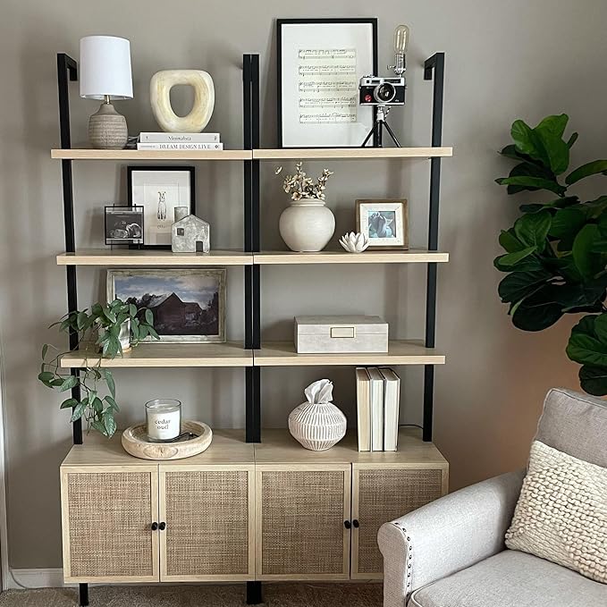 Nathan James Theo Industrial Open Shelf Bookcase with Accent Rattan Drawers Light Oak Wood, Matte Black Frame, Set of 2