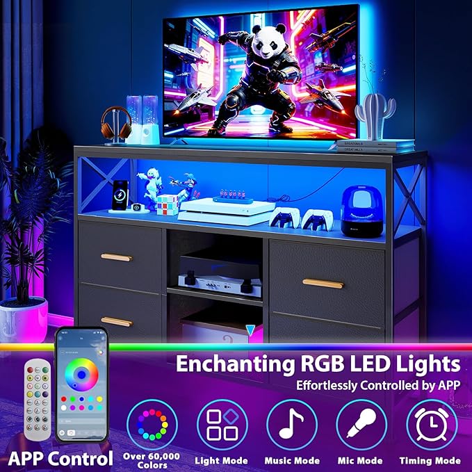 LED TV Stand for 55 inch TV, 47" Entertainment Center with 4 Fabric Drawers & Open Shelf, Brushed Gold Handle, TV Media Console Table for Living Room, Bedroom, Hallway, Black