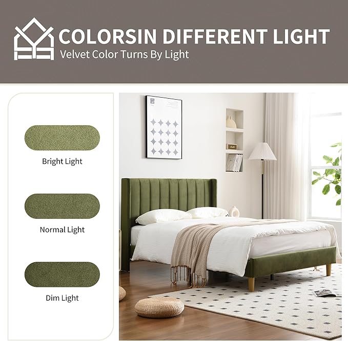 YUHUASHI upholstered Platform Bed Frame/Twin Bed Frame/Modern Geometric Double-Wing Design headboard/Velvet Fabric/Easy to Assemble no Noise (Grass Green, Twin)
