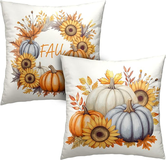 Fall Pillow Covers 16x16 Set of 2 Colorful Pumpkin Sunflower Wreath Throw Pillow Covers Autumn Harvest Pillow Case Thanksgiving Cushion Case for Home Decor Couch Sofa